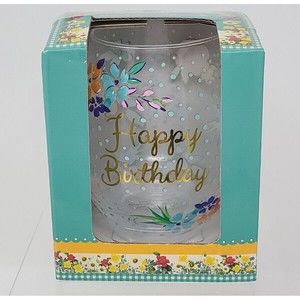 Pioneer Woman Stemless Wine Glass Floral Happy Birthday Glass Gold Letters 20oz